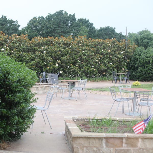 Outdoor patio with gray tables and chairs, surrounded by green bushes and trees.